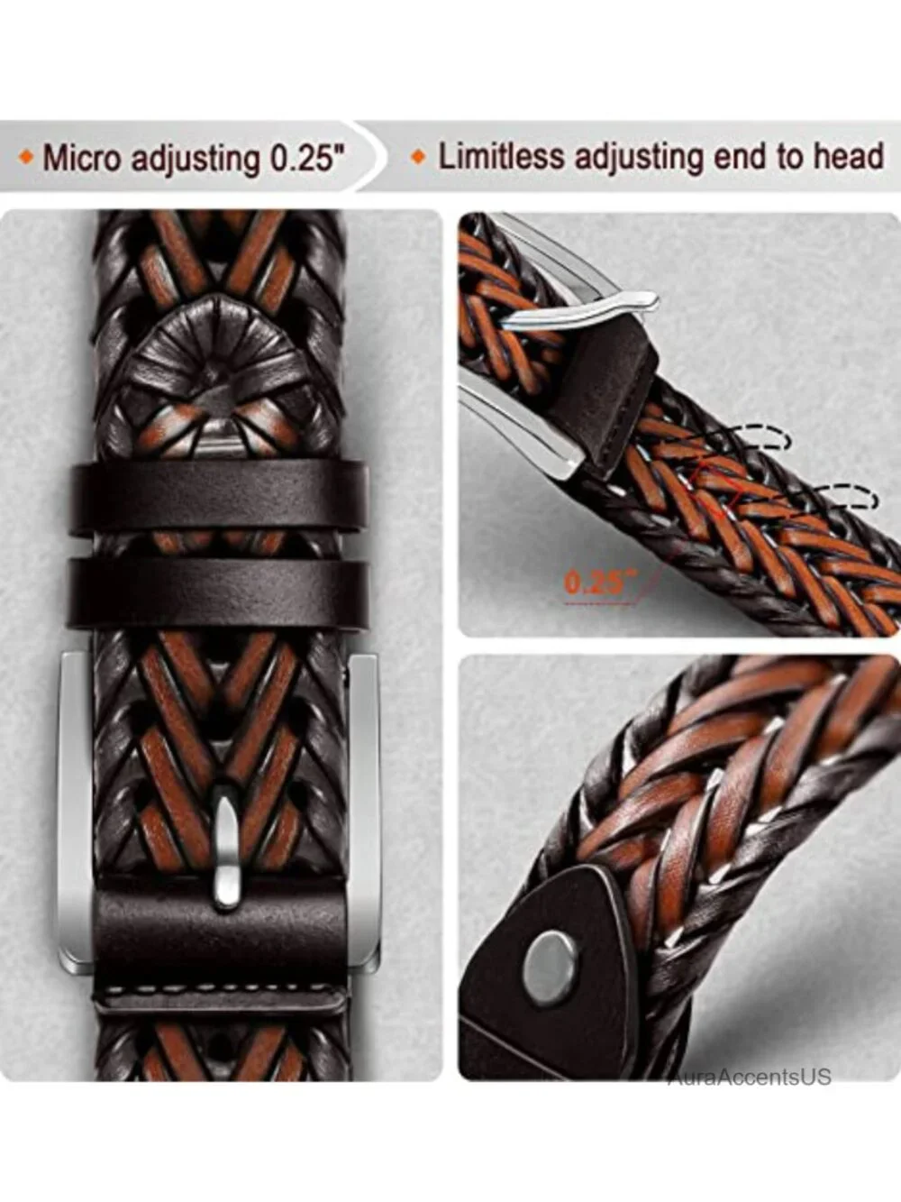 Men's Braided Leather Belt - Holeless Adjustable Woven Golf Belt